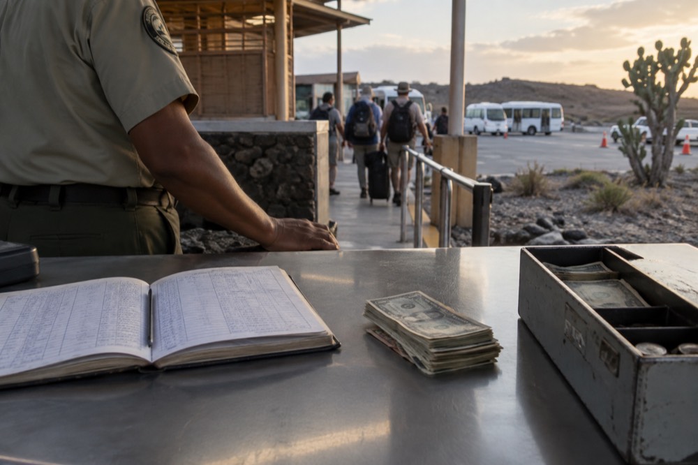 A ranger's hand-tallied payment ledger sits open on a metal table at Baltra airport, Galapagos Islands, Ecuador, US dollar notes stacked beside it