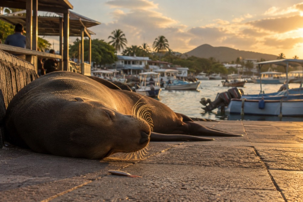 Low angle at golden hour along the Puerto Ayora waterfront, Galapagos Islands, fishing skiffs and volcanic hills soft behind