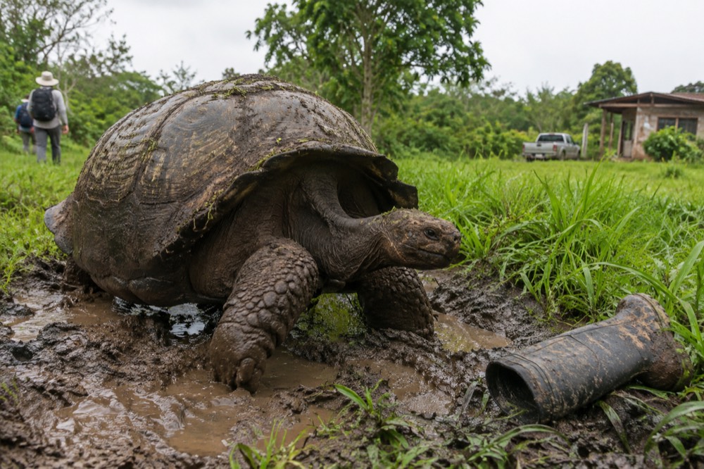 A giant tortoise walks a muddy wallow among tall green highland grass at El Chato Reserve on Santa Cruz, Galapagos Islands, Ecuador